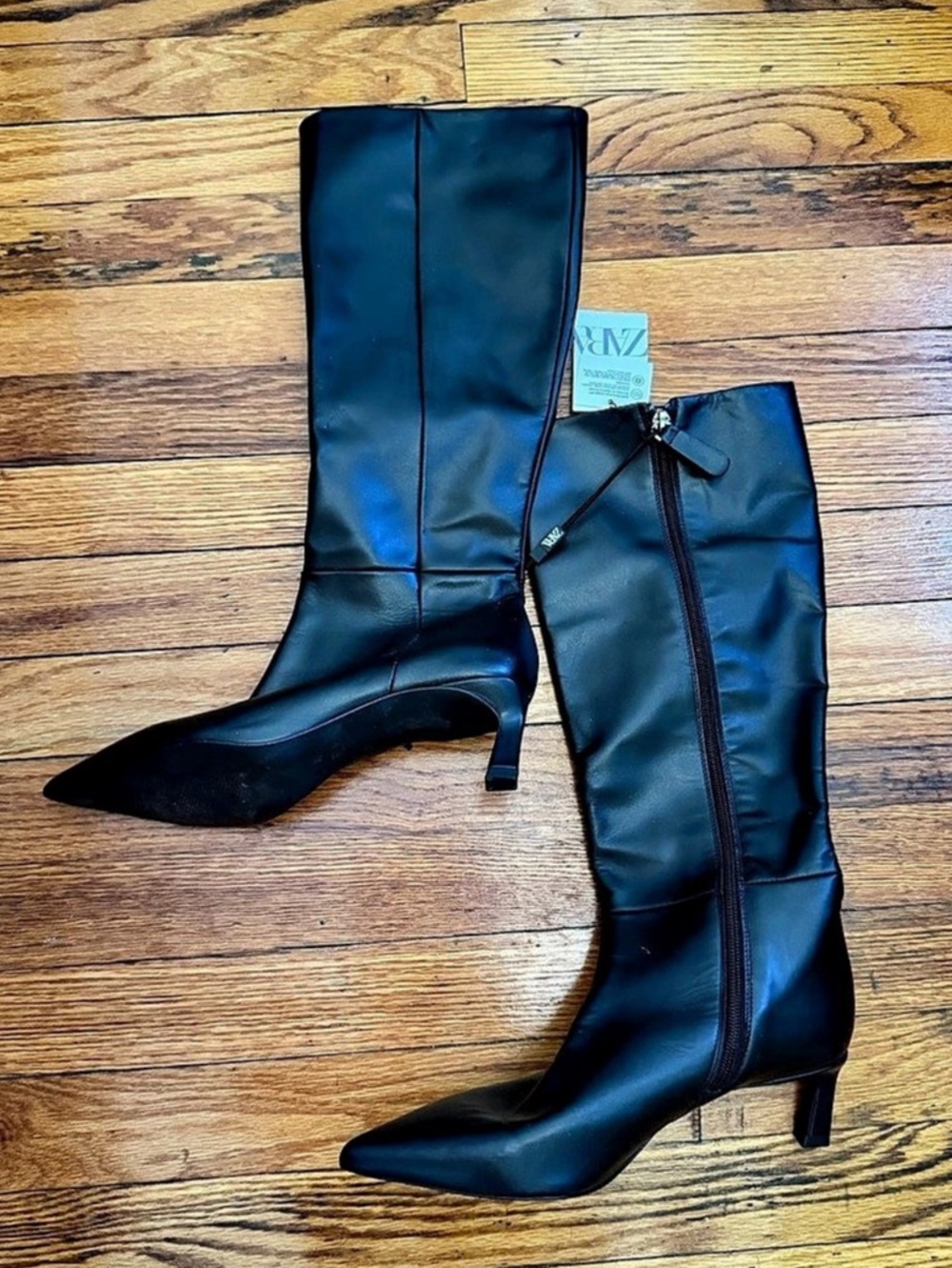 Zara Pointed Toe Heeled Boots in Black Leather EUR 38 US 7.5 NEW WITH TAGS